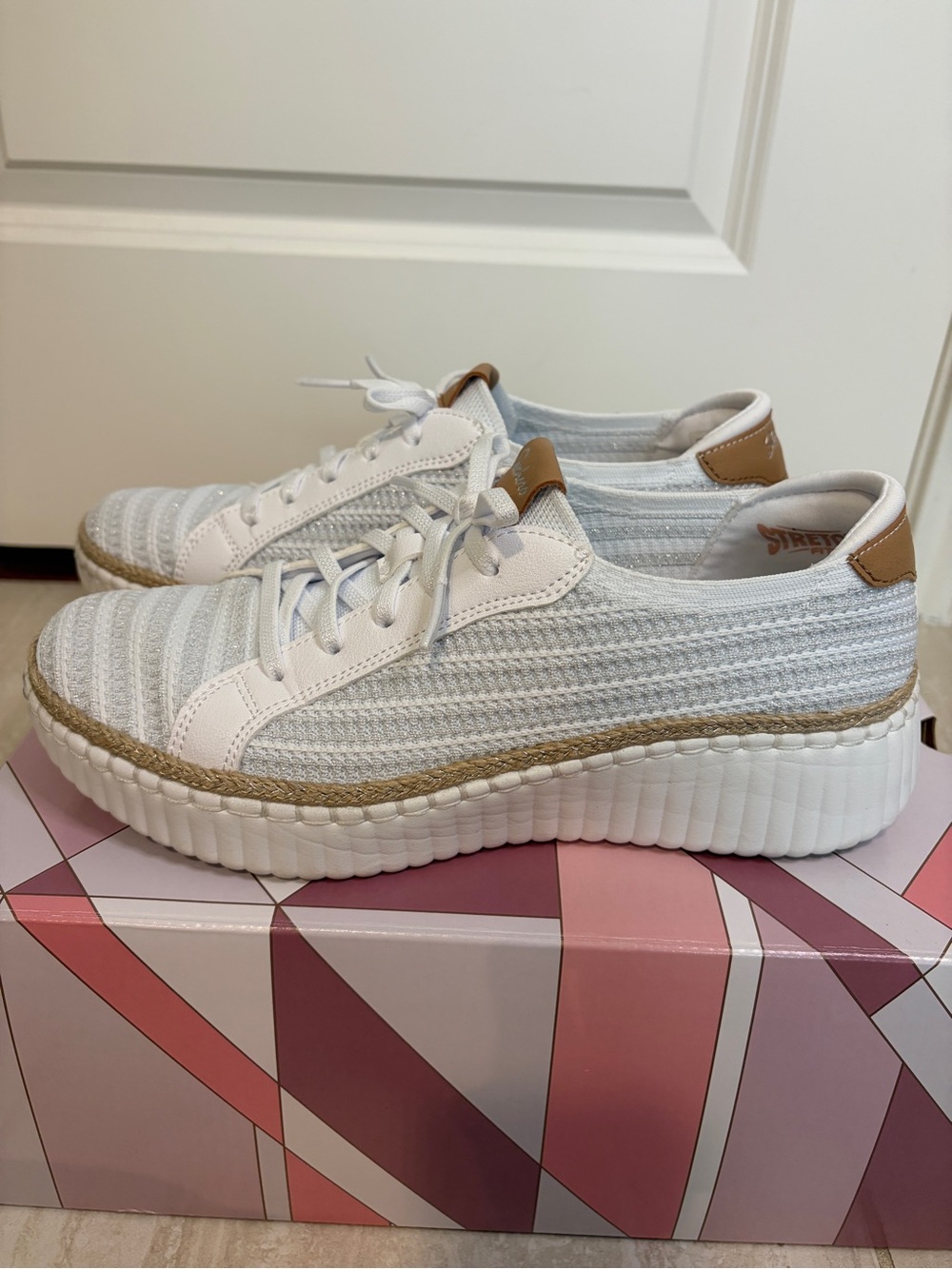 Skechers White Knit Lace-Up Sneakers with Tan Accents
